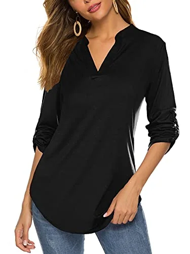 3/4-Sleeve Henley Tunic Top, Black