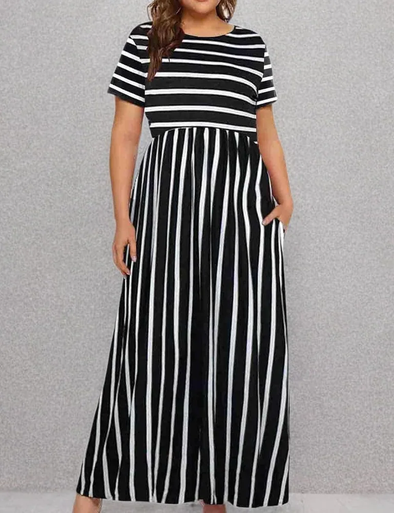 Round Neck Maxi Dress, Black White
