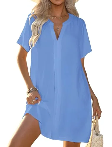 Short-Sleeve V-Neck Cover-Up Dress, Water Blue