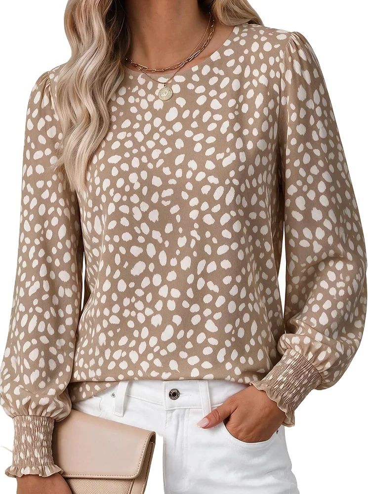 Long-Sleeve Crew Neck Blouse, Khaki