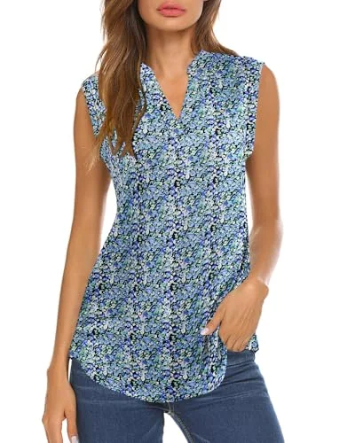 Sleeveless Henley Tank Top II, Floral Blue