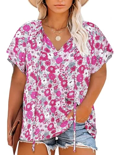 Short-Sleeve V-Neck Blouse III, Pink Floral