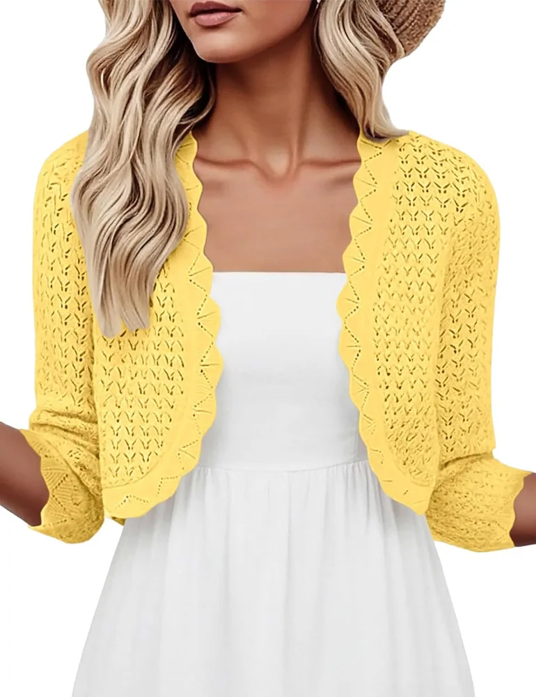 3/4-Sleeve Cropped Cardigan, Yellow