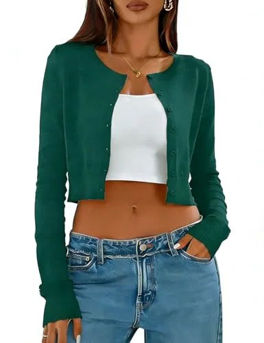 Long-Sleeve Crew Neck Cropped Cardigan II, Dark Green