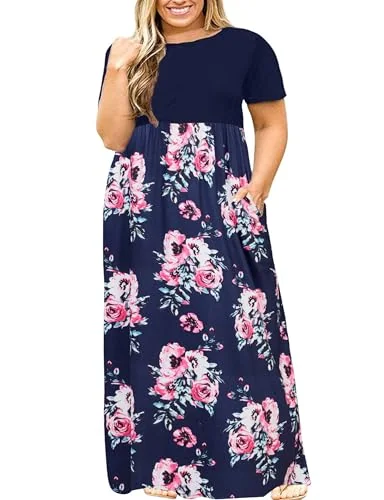 Short-Sleeve Round Neck Maxi Dress II, Navy Blue Flower