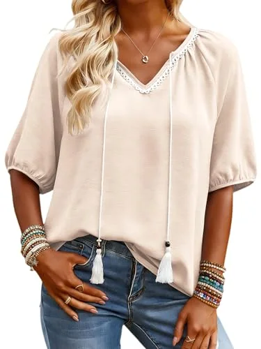 Short-Sleeve V-Neck Top, Beige