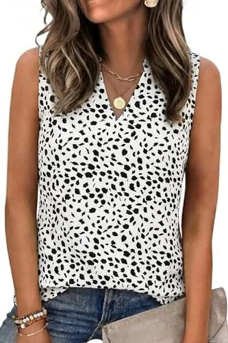 Sleeveless Henley Top II, White/black Dot
