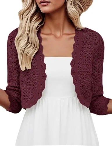 3/4-Sleeve Cropped Cardigan, Wine Red