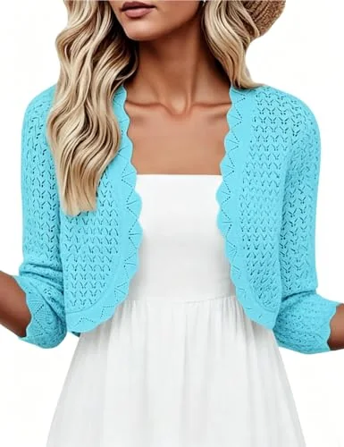 3/4-Sleeve Cropped Cardigan, Turquoise