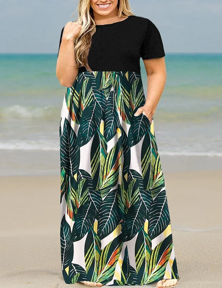 Round Neck Maxi Dress, Green Leaf