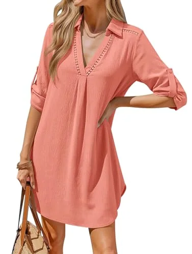 3/4-Sleeve Collar Cover-Up Shirt, Coral