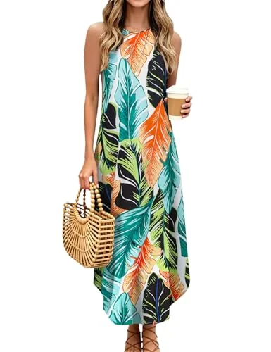 Sleeveless Halter Maxi Dress II, Leaf Print