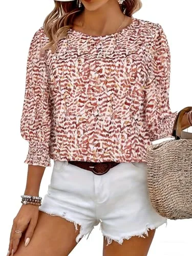 3/4-Sleeve Crew Neck Blouse, Floral Orange