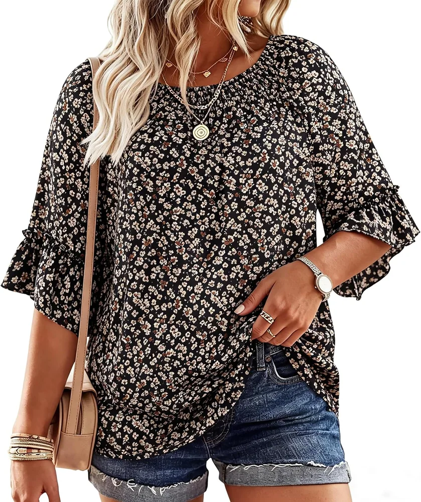 Round Neck Top, Black Floral