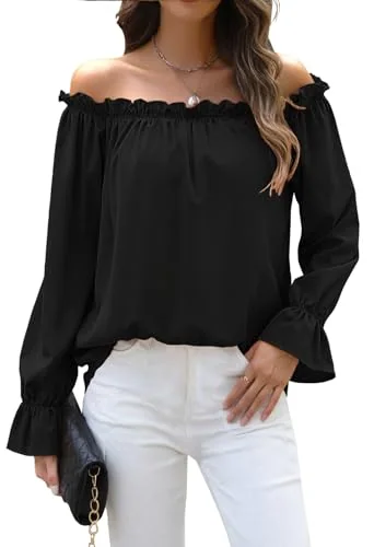 Long-Sleeve Off-the-Shoulder Blouse, Black