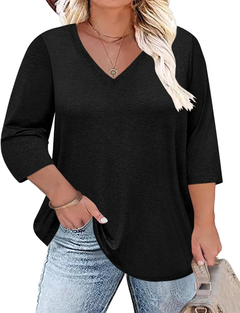 3/4-Sleeve V-Neck Top, Black