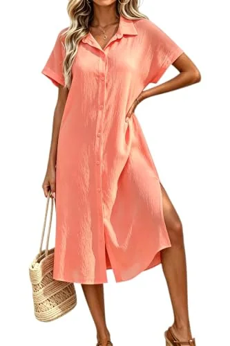 Short-Sleeve Button-up Cover-Up, Coral