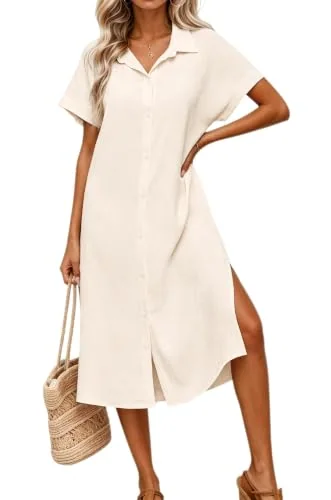 Short-Sleeve Button-up Cover-Up, Beige