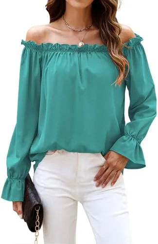 Long-Sleeve Off-the-Shoulder Top, Teal