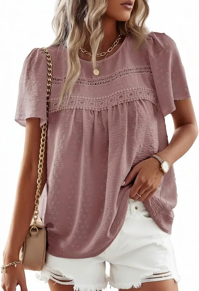 Short-Sleeve Crew Neck Top, Pink