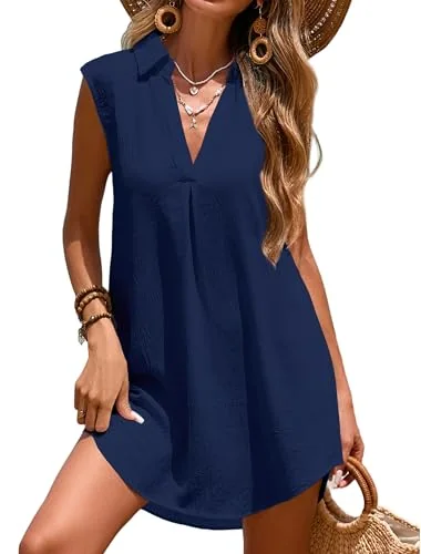 Sleeveless V-Neck Cover-Up Dress, Navy Blue