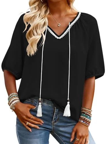 Short-Sleeve V-Neck Blouse, Black