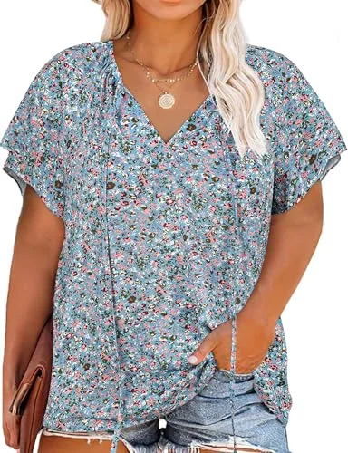 V-Neck Blouse, Blue Pink Flower