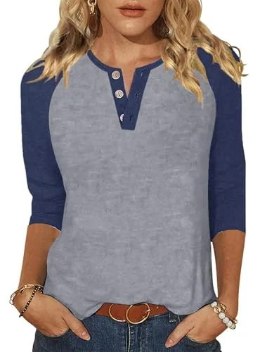 3/4-Sleeve Round Neck Baseball Tee, Grey Navy