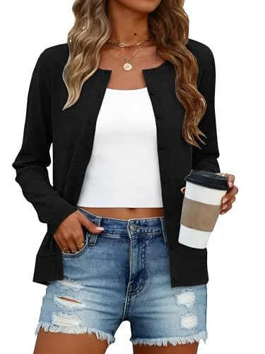 Long-Sleeve Crew Neck Cropped Cardigan, Black
