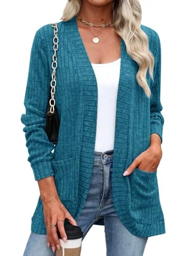 Long-Sleeve Cardigan, Teal Blue