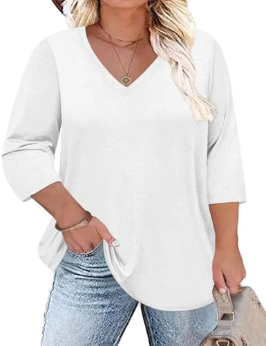3/4-Sleeve V-Neck Tunic Top, White