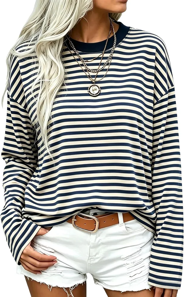 Long-Sleeve Crew Neck Top II, Blue Brown Stripe