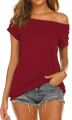 Short-Sleeve Boat Neck Top, Red