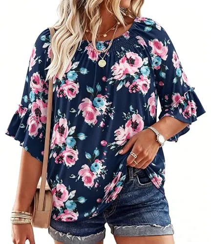 3/4-Sleeve Round Neck Top, Navy Blue Floral