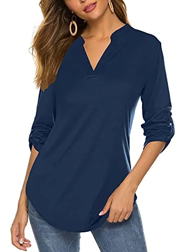 Long-Sleeve Henley Blouse, Navy Blue