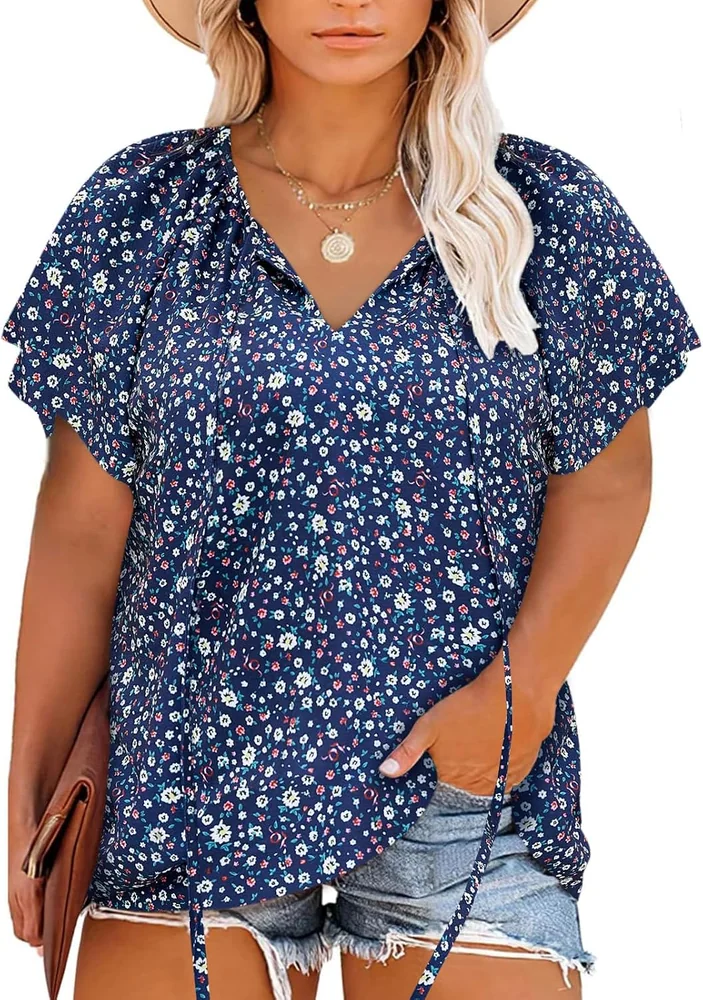 V-Neck Top, Navy Blue Floral