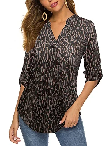 3/4-Sleeve Henley Tunic Top, Brown