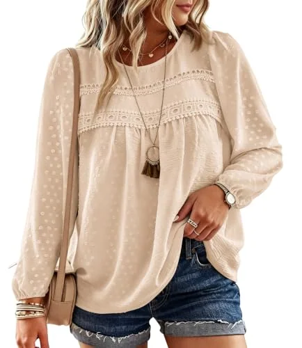 Long-Sleeve Crew Neck Top, Apricot