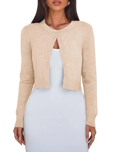 Long-Sleeve Crew Neck Cropped Cardigan II, Camel