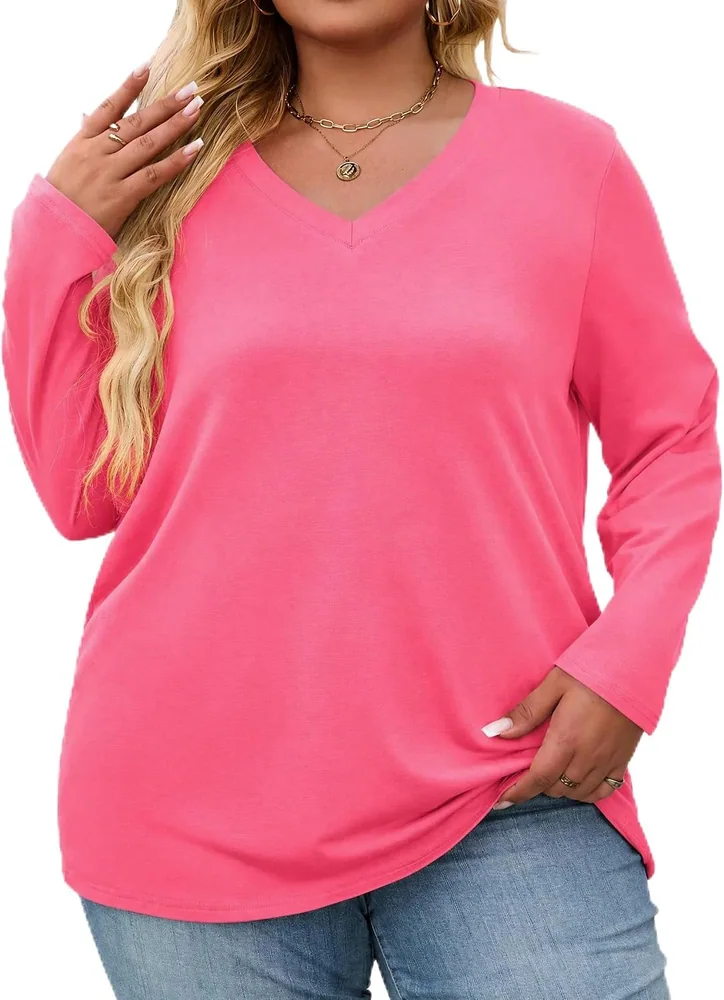 Long-Sleeve V-Neck Top V, Neon Pink