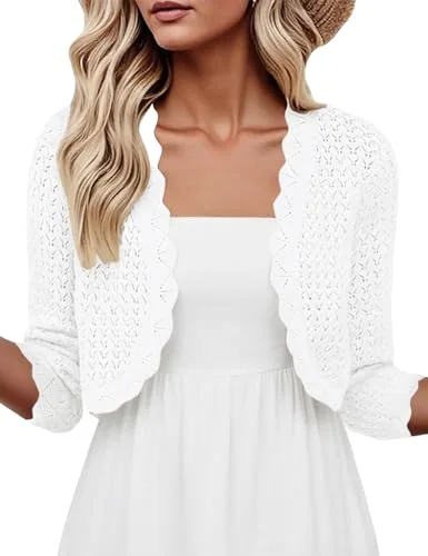 3/4-Sleeve Cropped Cardigan, White