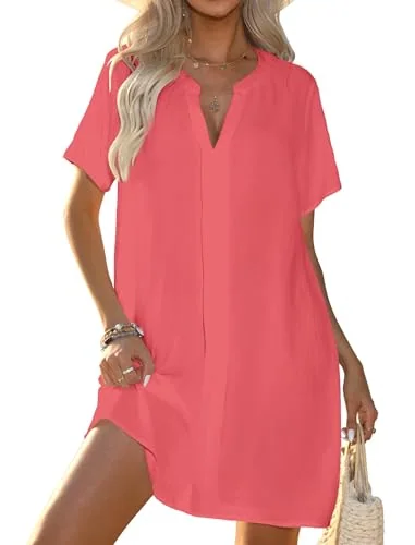 Short-Sleeve V-Neck Swim Cover-Up, Watermelon Red
