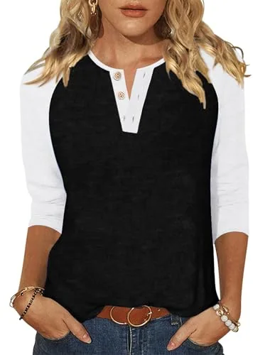 3/4-Sleeve Round Neck Baseball Tee, White Black