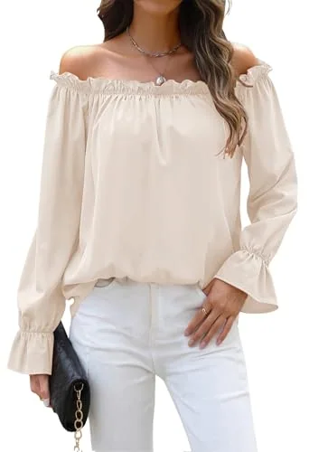Long-Sleeve Off-the-Shoulder Blouse, Apricot