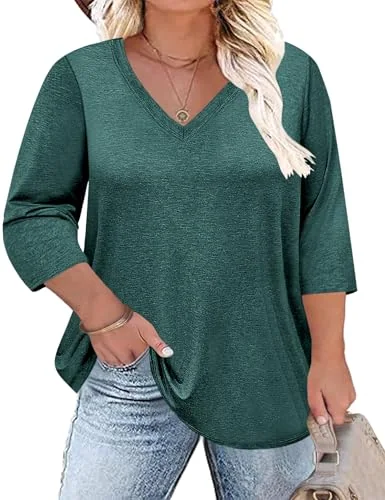 3/4-Sleeve V-Neck Top, Dark Green