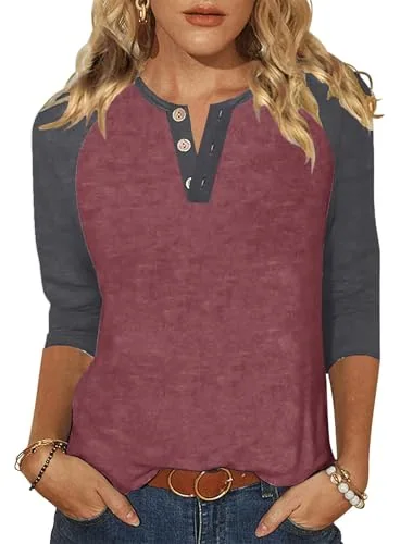 3/4-Sleeve Round Neck Baseball Tee, Wine Red