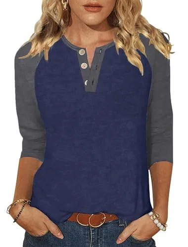 3/4-Sleeve Round Neck Baseball Tee, Navy Grey