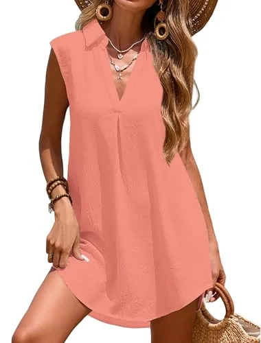Sleeveless V-Neck Swim Cover-Up, Coral