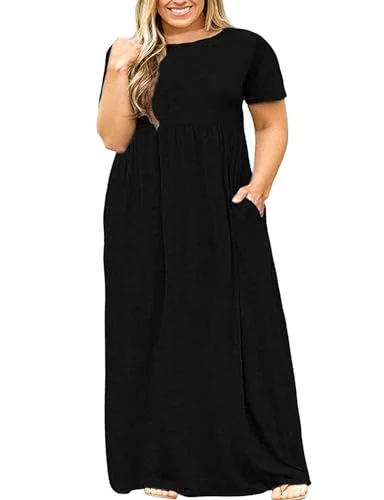 Short-Sleeve Round Neck Maxi Dress II, Black