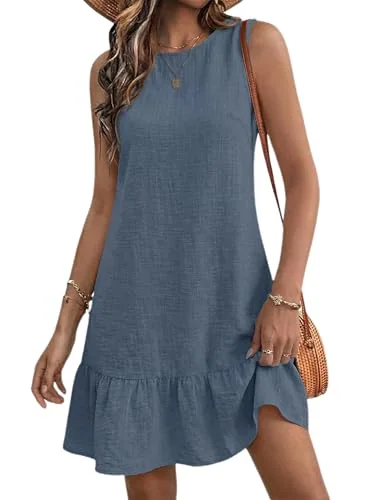 Sleeveless Crew Neck Mini Dress, Blue Gray